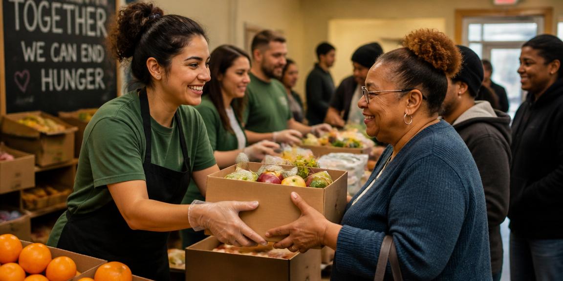 Community volunteers distributing fresh food boxes at a local food bank to smiling families