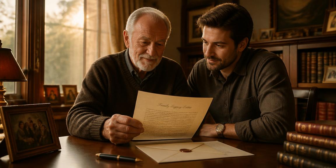 A father and son reviewing a legacy document together at a warm wooden desk with family photographs, symbolizing the preservation of family wishes through a video will