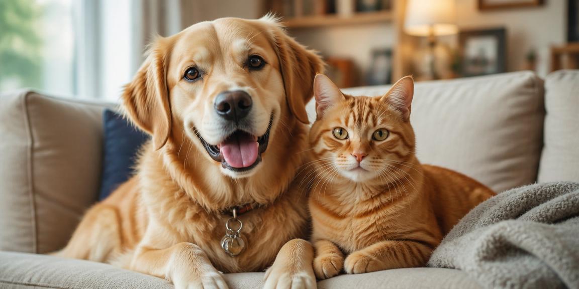 A happy golden retriever and orange tabby cat sitting together on a cozy couch, representing pet adoption