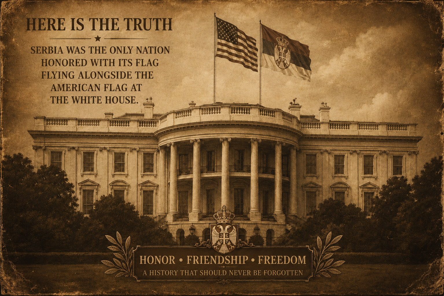 Vintage illustration of the White House with American and Serbian flags